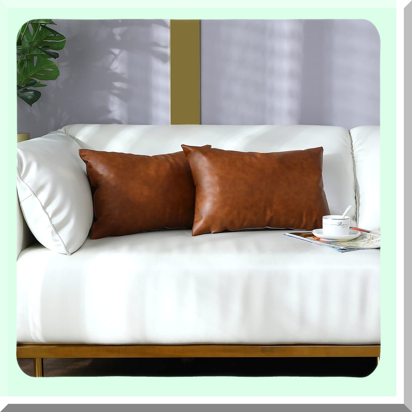 Rustic Leather Lumbar Pillow Covers Set - Modern Farmhouse Style 12x20 Inch Accent Pillowcase for Bedroom Living Room Sofa - Brown Throw Pillows 30x50cm