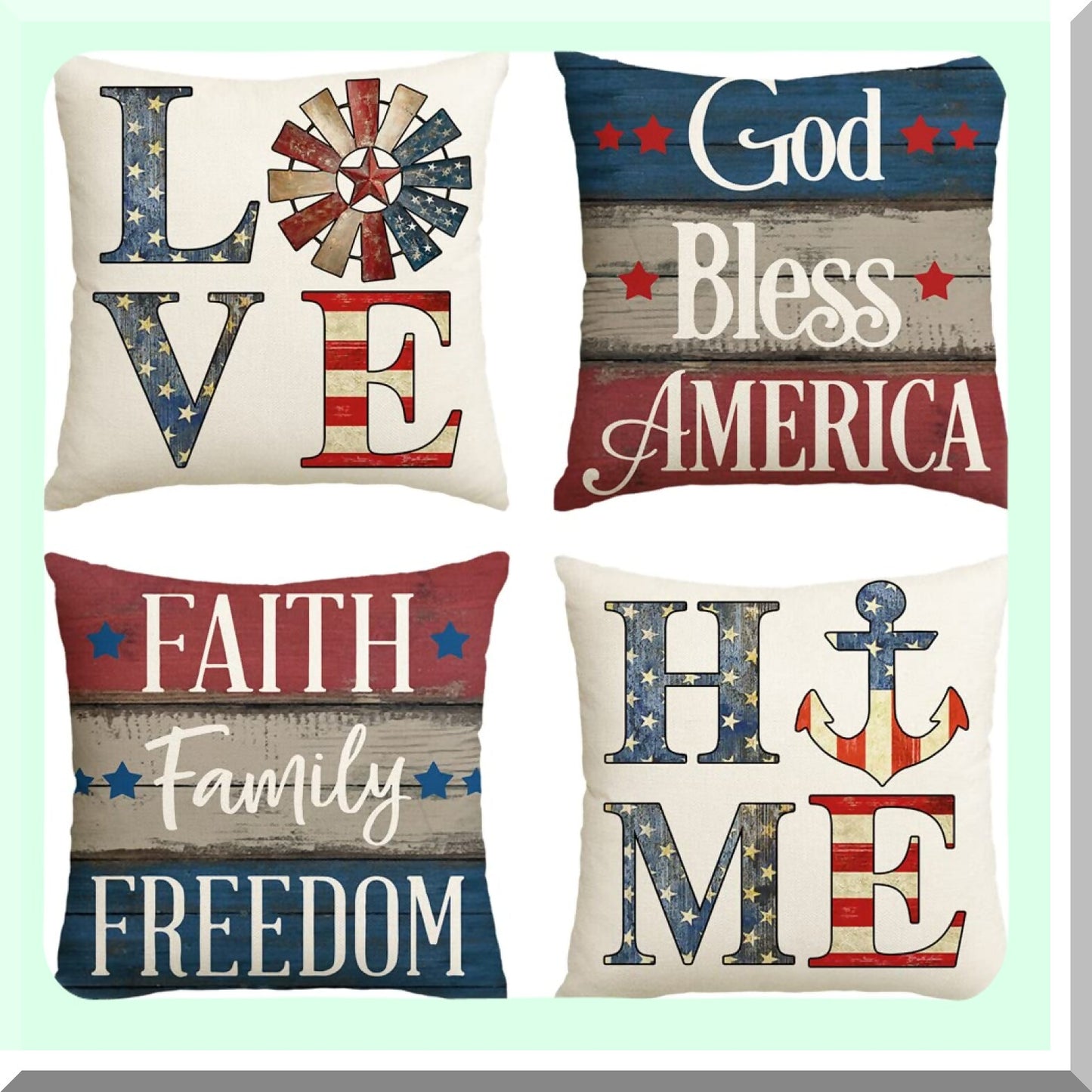 Patriotic Blessings Pillow Covers - Set of 4, Faith Family Freedom 4th of July Independence Memorial Day Decorations for Sofa Couch - 18x18