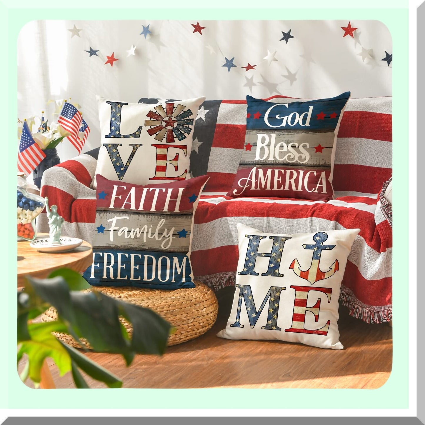 Patriotic Blessings Pillow Covers - Set of 4, Faith Family Freedom 4th of July Independence Memorial Day Decorations for Sofa Couch - 18x18