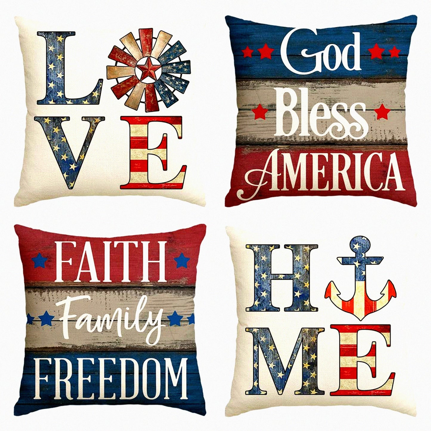 Patriotic Blessings Pillow Covers - Set of 4, Faith Family Freedom 4th of July Independence Memorial Day Decorations for Sofa Couch - 18x18