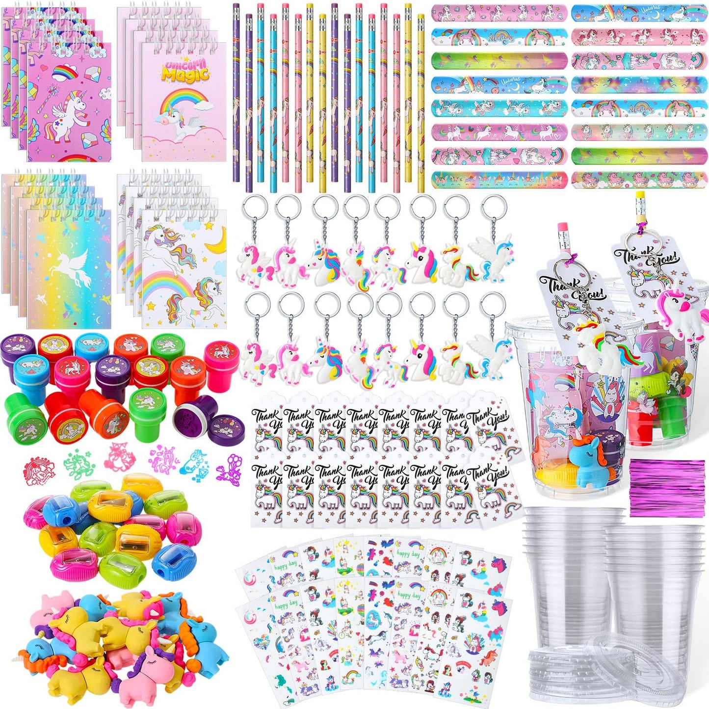 Unicorn Fun Pack: Stampers, Bracelets, Cups, Tags, Keychains, Notepad, Pencil, Sticker, Eraser, Sharpener - 161 Pcs for Kids Clroom Prizes & Back to School Gifts