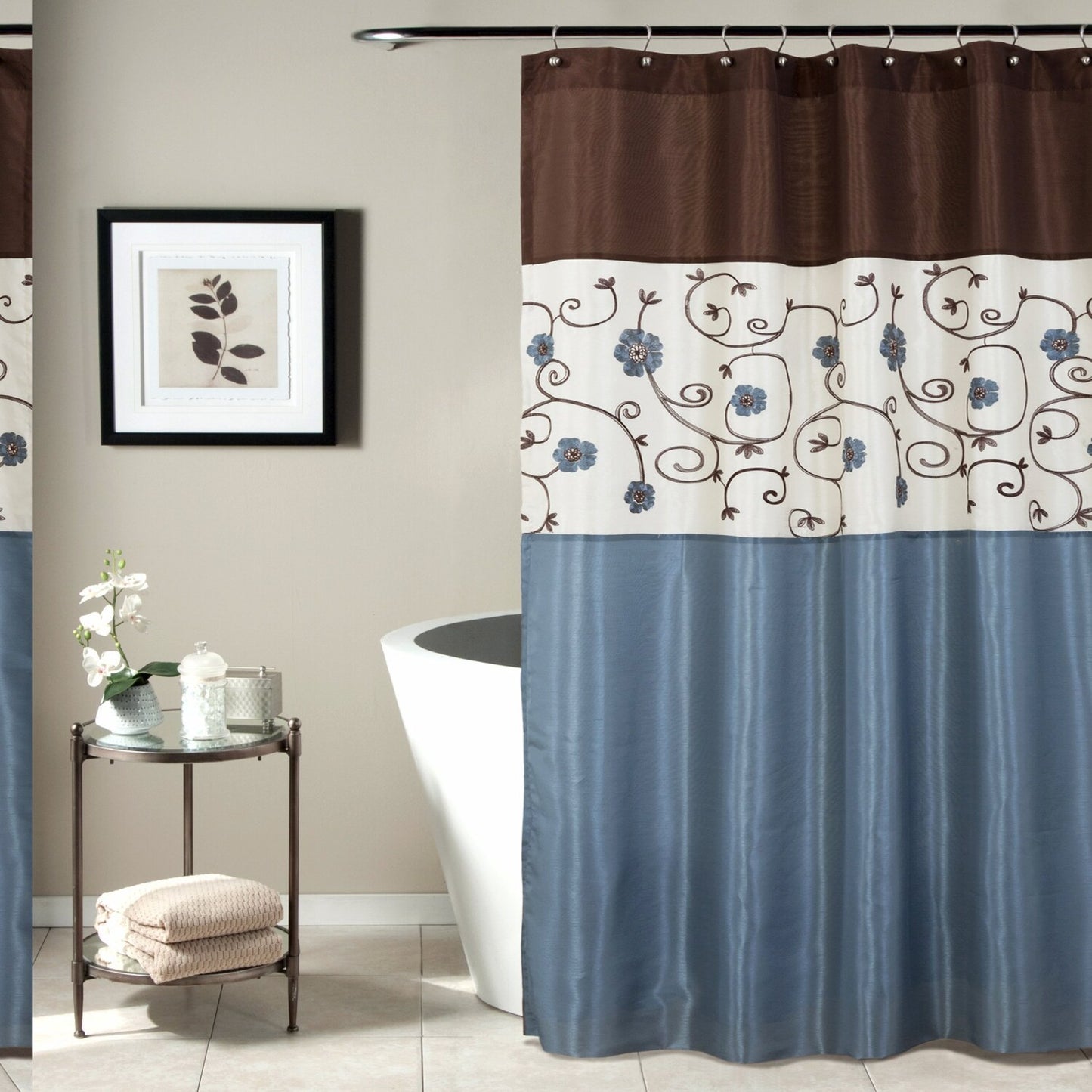 Blue Floral Fabric Shower Curtain 72" x 72"