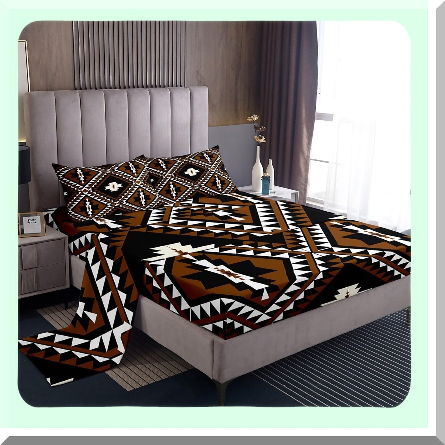 Diamond Ranch Bedding Set - Rustic Southwestern Style Sheets for Men. Includes Bohemian Farmhouse Fitted Sheet, Flat Sheet, and 2 Pillow Cases in Brown, Black, and White. Perfect for a Western-themed