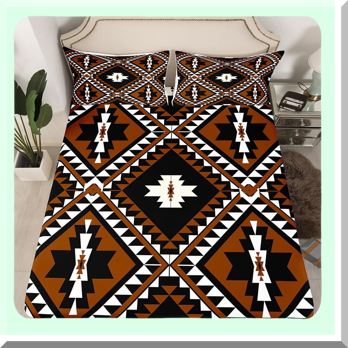 Diamond Ranch Bedding Set - Rustic Southwestern Style Sheets for Men. Includes Bohemian Farmhouse Fitted Sheet, Flat Sheet, and 2 Pillow Cases in Brown, Black, and White. Perfect for a Western-themed