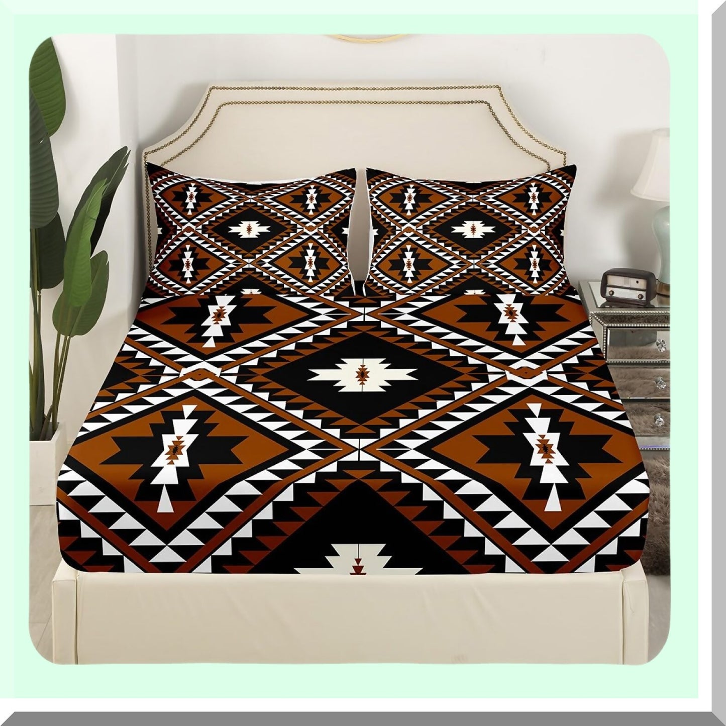 Diamond Ranch Bedding Set - Rustic Southwestern Style Sheets for Men. Includes Bohemian Farmhouse Fitted Sheet, Flat Sheet, and 2 Pillow Cases in Brown, Black, and White. Perfect for a Western-themed