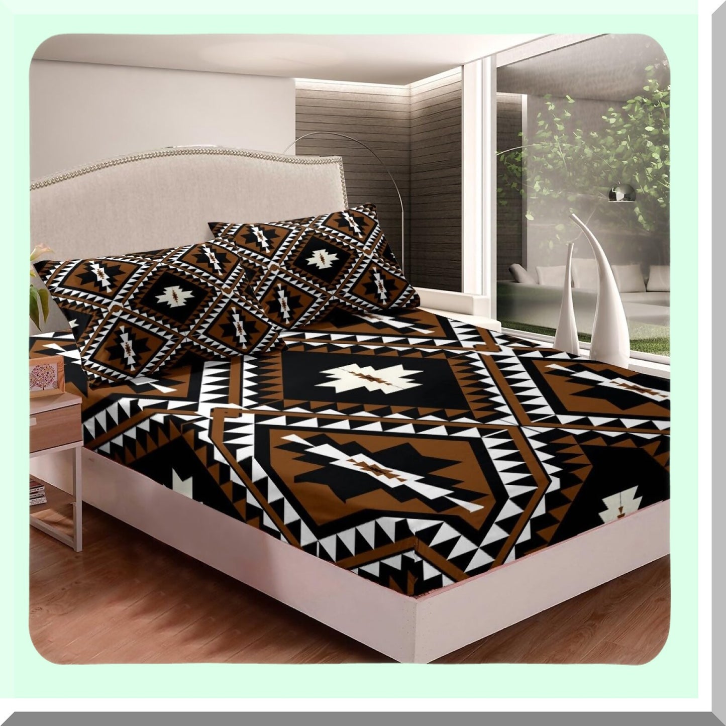 Diamond Ranch Bedding Set - Rustic Southwestern Style Sheets for Men. Includes Bohemian Farmhouse Fitted Sheet, Flat Sheet, and 2 Pillow Cases in Brown, Black, and White. Perfect for a Western-themed