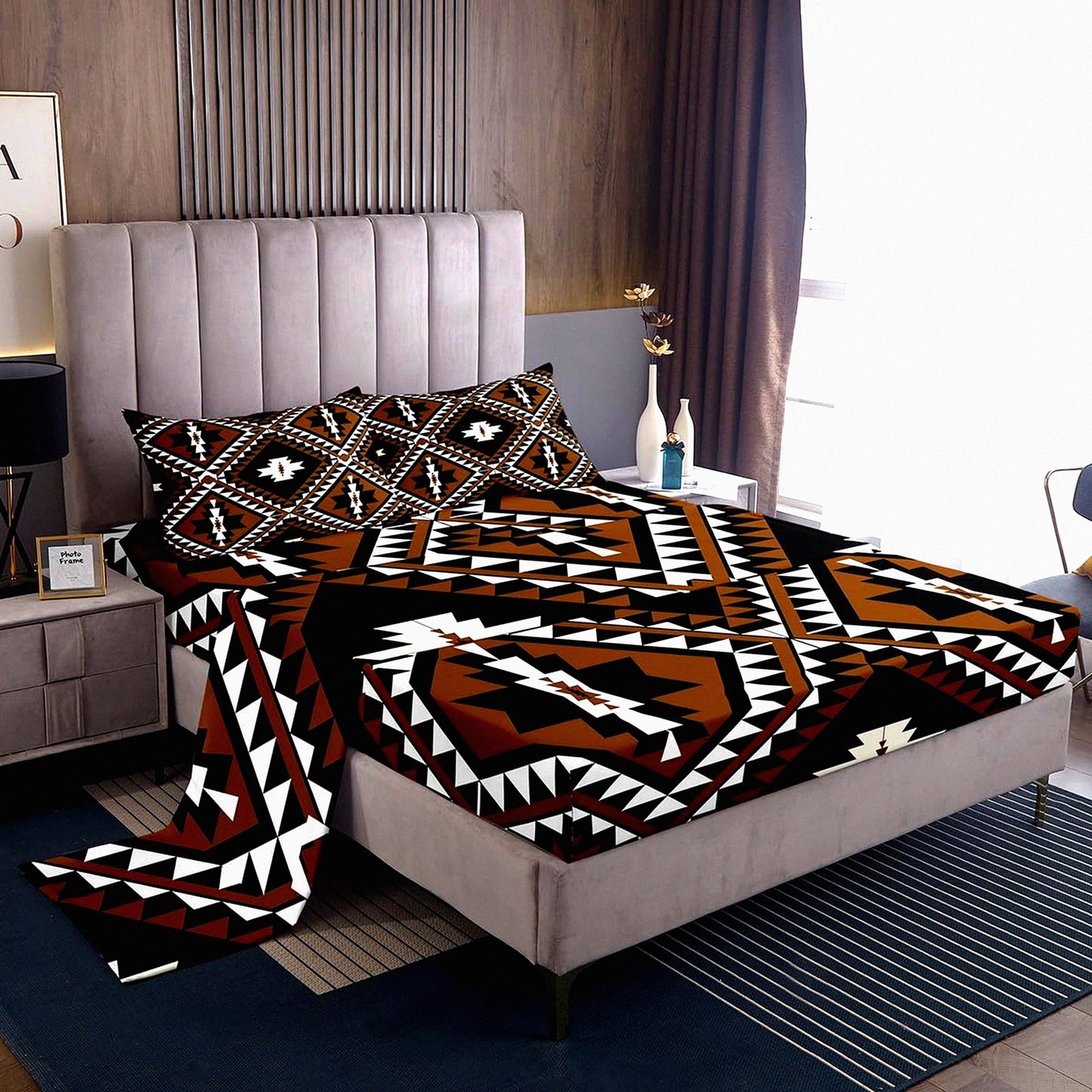 Diamond Ranch Bedding Set - Rustic Southwestern Style Sheets for Men. Includes Bohemian Farmhouse Fitted Sheet, Flat Sheet, and 2 Pillow Cases in Brown, Black, and White. Perfect for a Western-themed