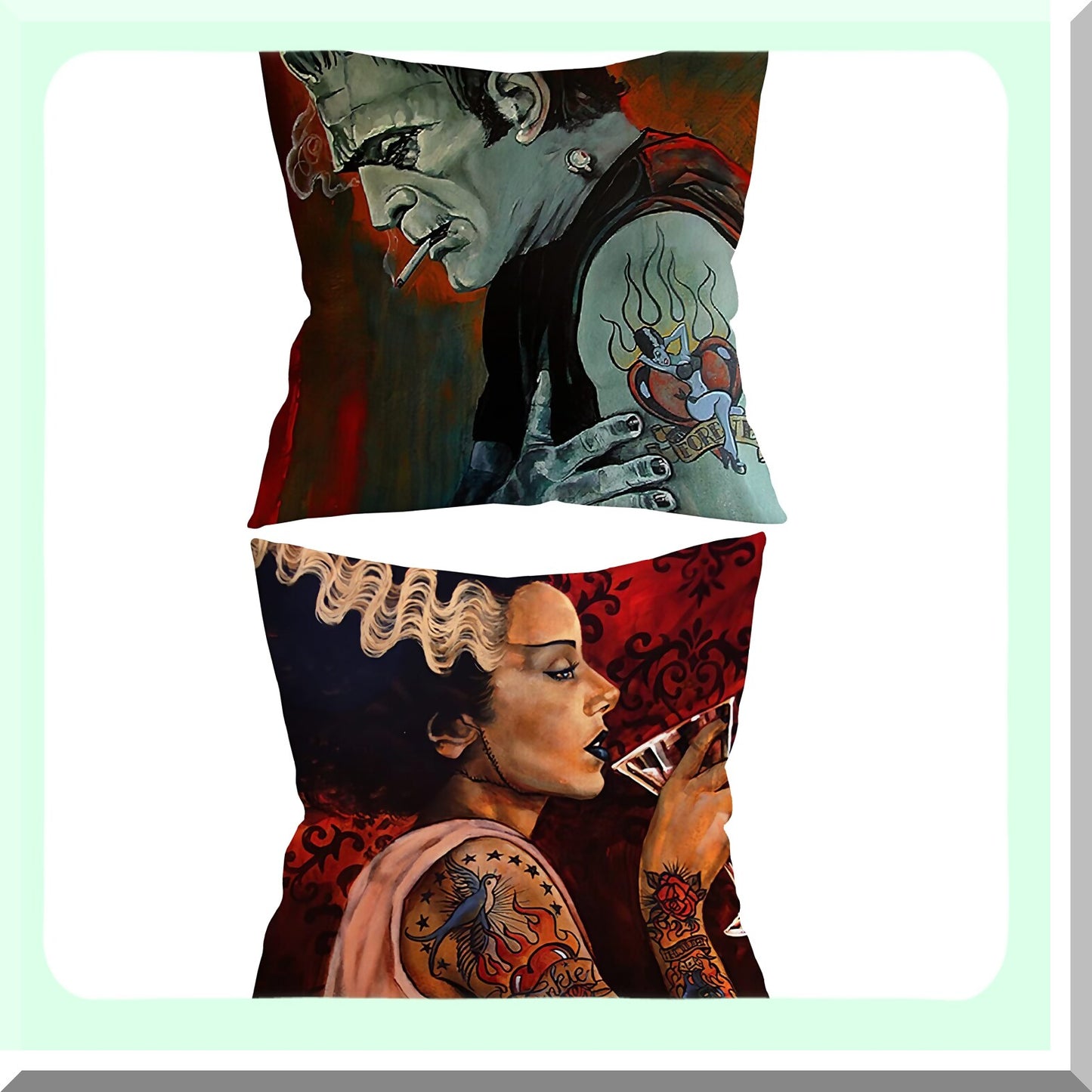 Monster Love Pillowcase Set - 18x18 Inch, Frankenstein Couple Decor, Wedding Anniversary Gift, Sofa Couch Bed Cushion Cover - Red Theme