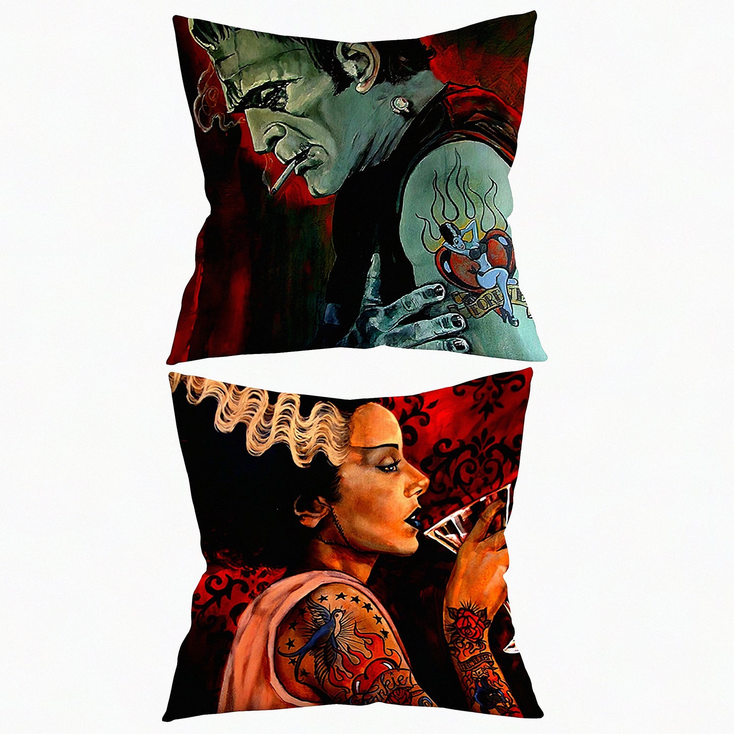 Monster Love Pillowcase Set - 18x18 Inch, Frankenstein Couple Decor, Wedding Anniversary Gift, Sofa Couch Bed Cushion Cover - Red Theme
