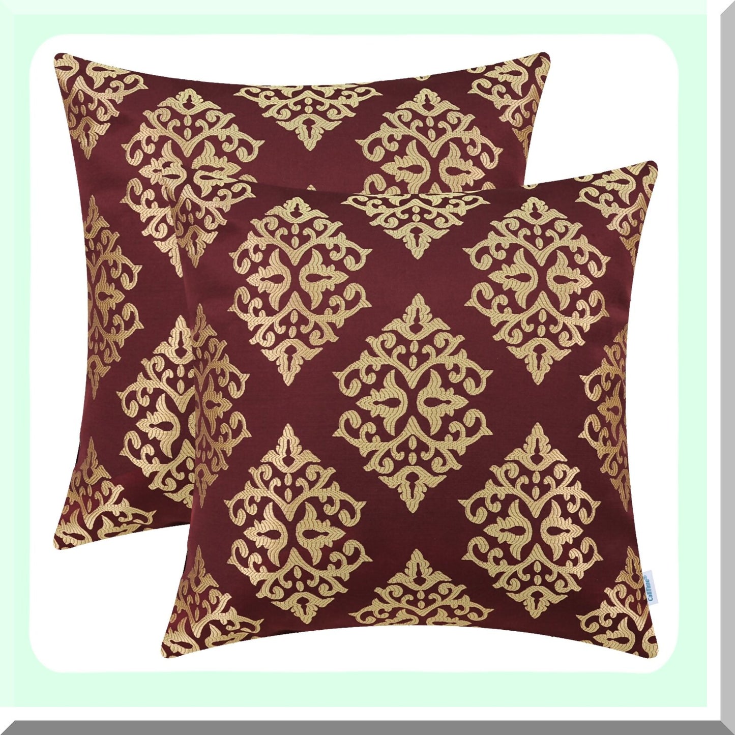 Diamond Jacquard Decorative Pillow Covers - Set of 2 | Vintage Damask Floral Sofa Cushion Cases | Soft Burgundy Gold Home Decor 18x18"