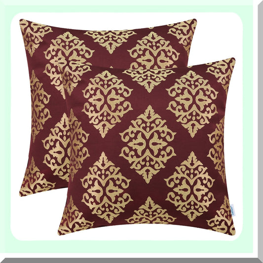 Diamond Jacquard Decorative Pillow Covers - Set of 2 | Vintage Damask Floral Sofa Cushion Cases | Soft Burgundy Gold Home Decor 18x18"