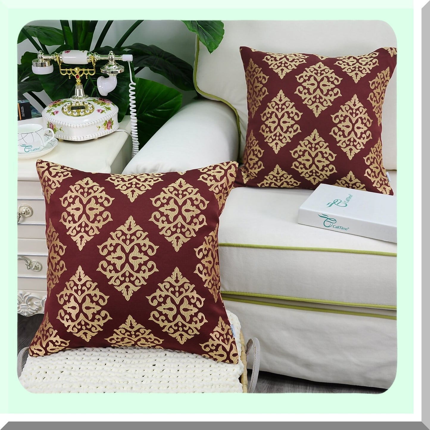 Diamond Jacquard Decorative Pillow Covers - Set of 2 | Vintage Damask Floral Sofa Cushion Cases | Soft Burgundy Gold Home Decor 18x18"