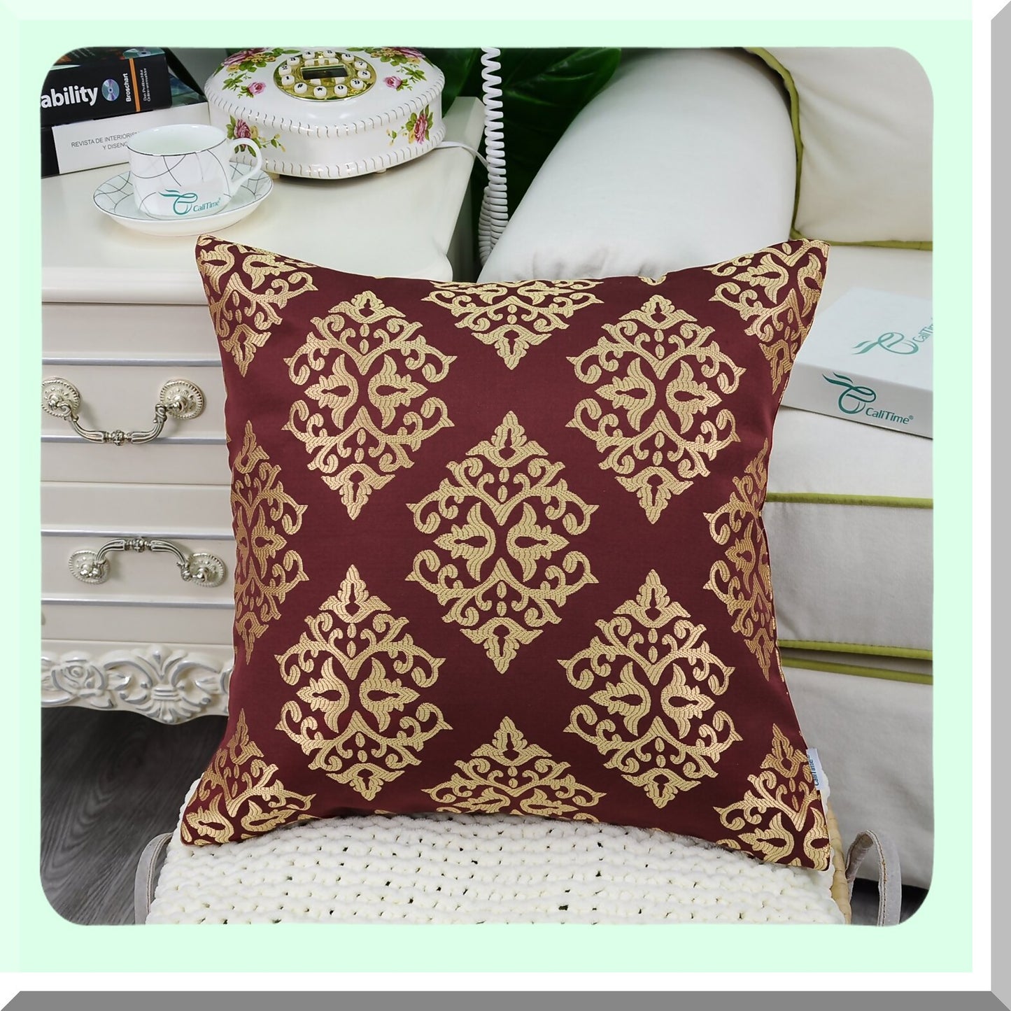 Diamond Jacquard Decorative Pillow Covers - Set of 2 | Vintage Damask Floral Sofa Cushion Cases | Soft Burgundy Gold Home Decor 18x18"