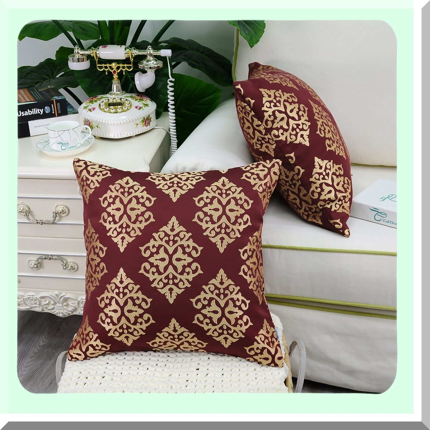 Diamond Jacquard Decorative Pillow Covers - Set of 2 | Vintage Damask Floral Sofa Cushion Cases | Soft Burgundy Gold Home Decor 18x18"