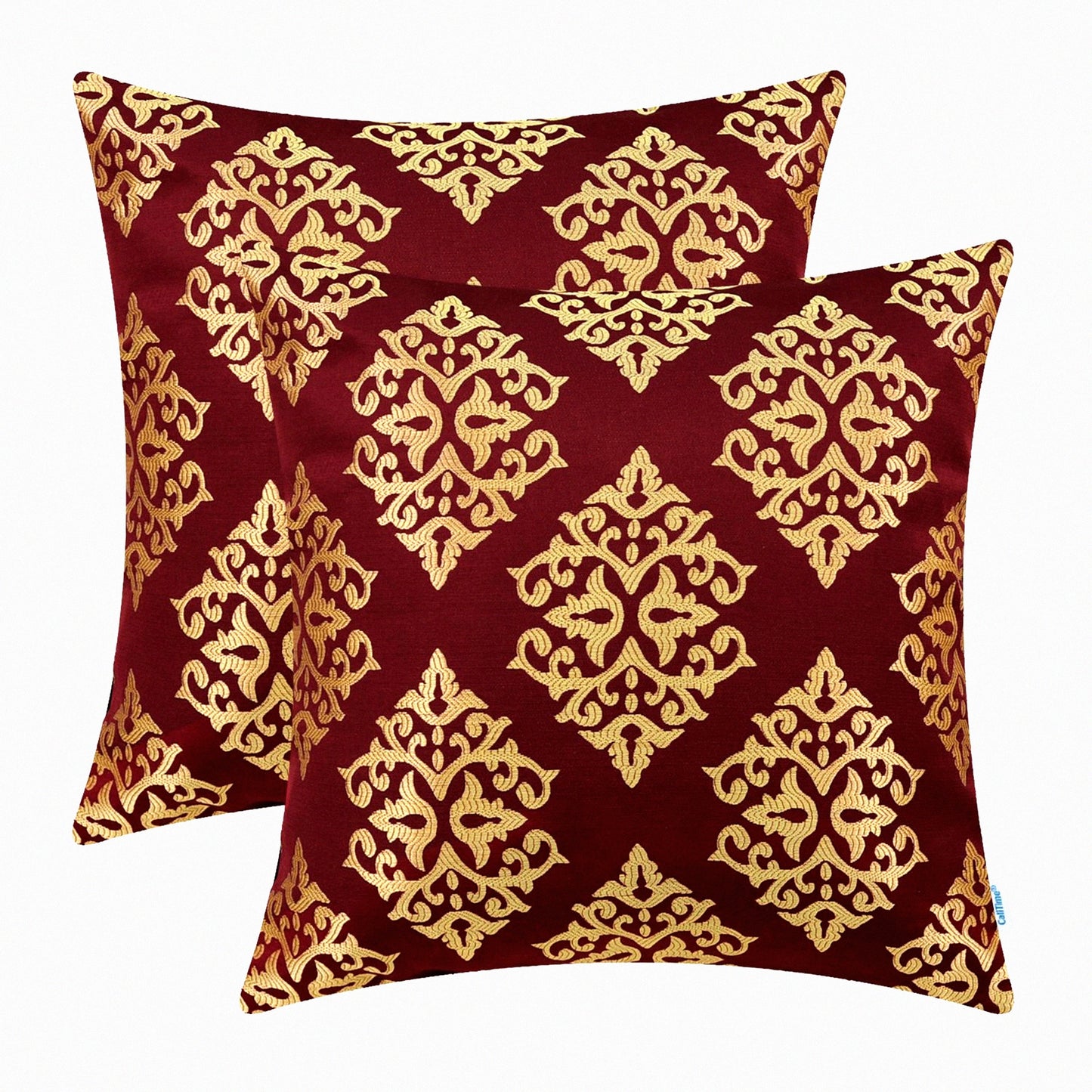 Diamond Jacquard Decorative Pillow Covers - Set of 2 | Vintage Damask Floral Sofa Cushion Cases | Soft Burgundy Gold Home Decor 18x18"