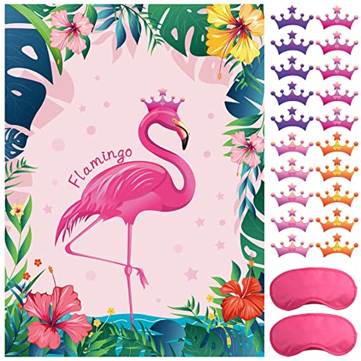 Flamingo Crown Toss Game - Fun Party Activity with 24 Crown Stickers for Kids Birthday and Luau Tiki Celebrations - Tropical Theme Party Supplies