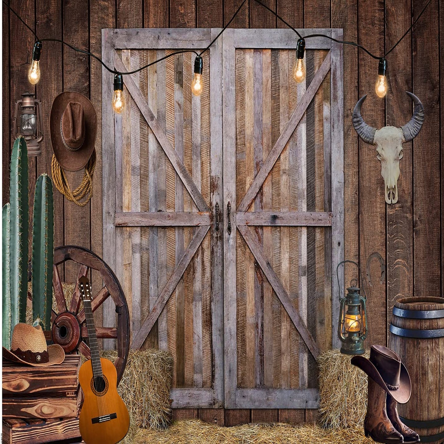 Rustic Western Cowboy Party Backdrop - Wild West Barn Scene for Kids Birthday Decorations - Wooden House Photography Background D843