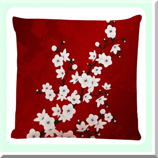 Cherry Blossoms Floral Decorative Pillow Cover - Red Black White Square Cushion Case for Home Couch Living Room Bed Sofa Car - 18x18 Inches