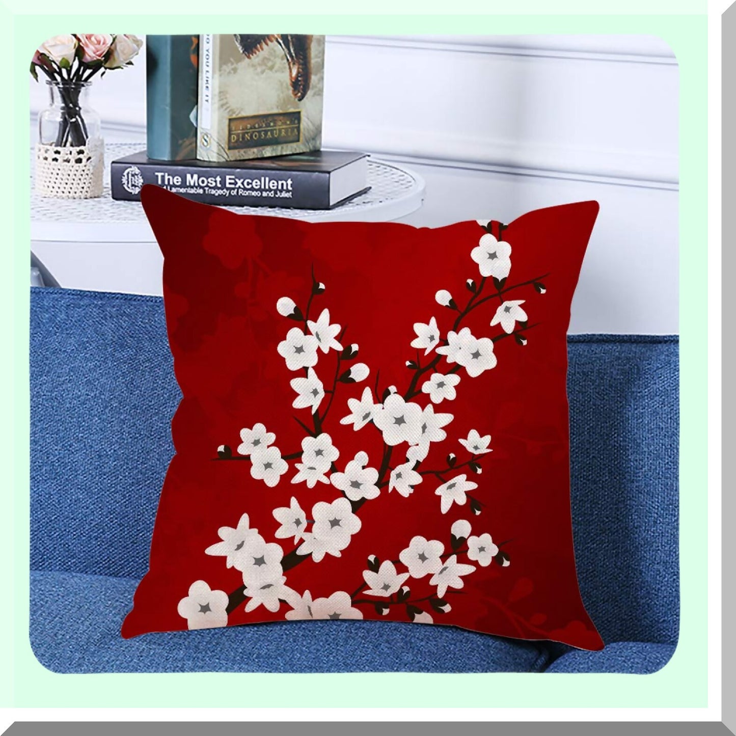 Cherry Blossoms Floral Decorative Pillow Cover - Red Black White Square Cushion Case for Home Couch Living Room Bed Sofa Car - 18x18 Inches