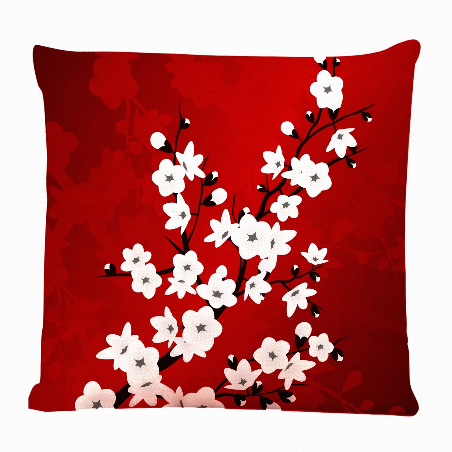 Cherry Blossoms Floral Decorative Pillow Cover - Red Black White Square Cushion Case for Home Couch Living Room Bed Sofa Car - 18x18 Inches