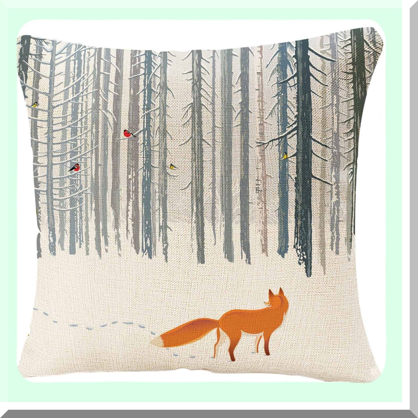 Winter Fox Forest Pillowcase - 18x18 Inches - Bird Cushion Cover - Home Decor Landscape Throw Pillow Cover