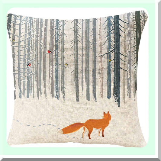 Winter Fox Forest Pillowcase - 18x18 Inches - Bird Cushion Cover - Home Decor Landscape Throw Pillow Cover