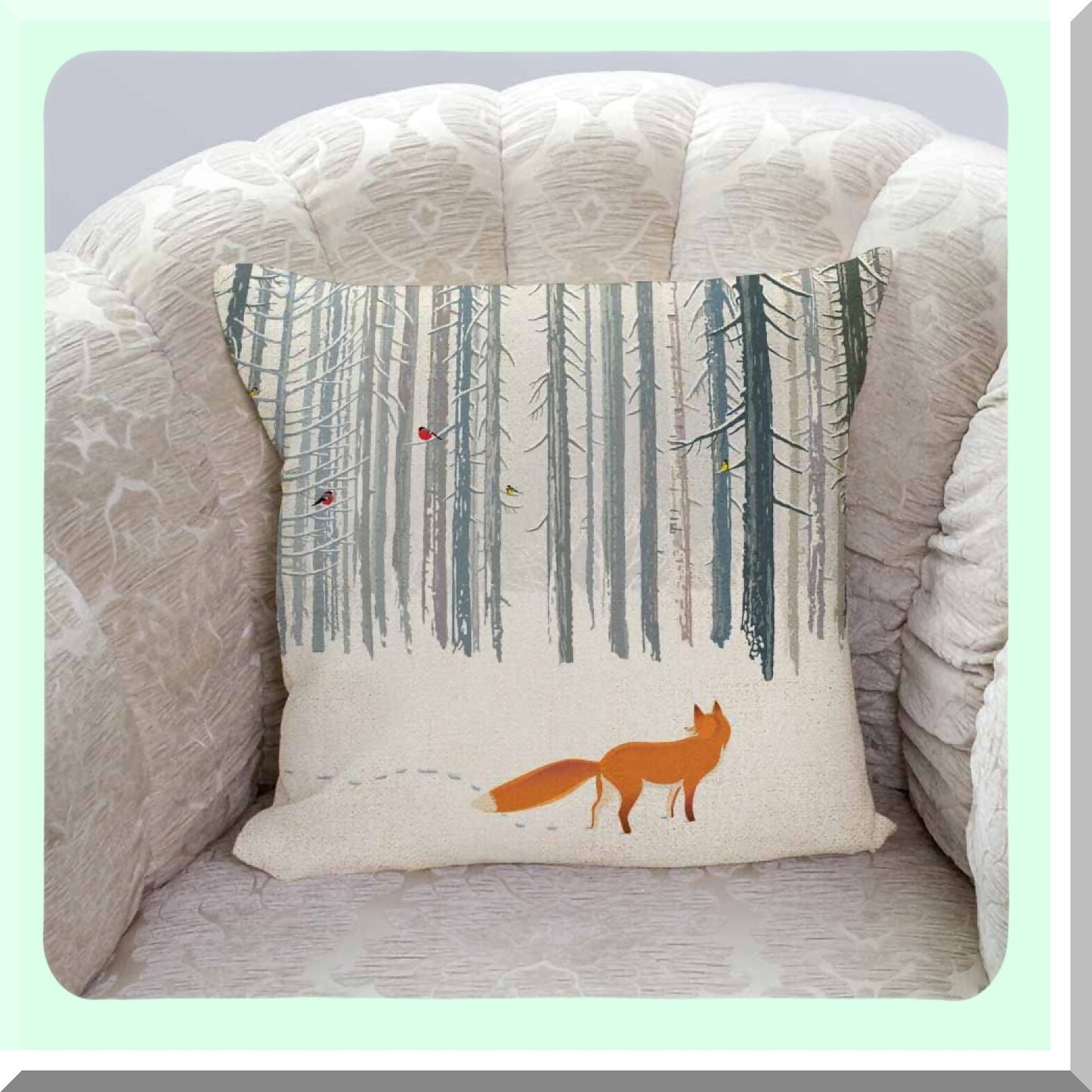 Winter Fox Forest Pillowcase - 18x18 Inches - Bird Cushion Cover - Home Decor Landscape Throw Pillow Cover