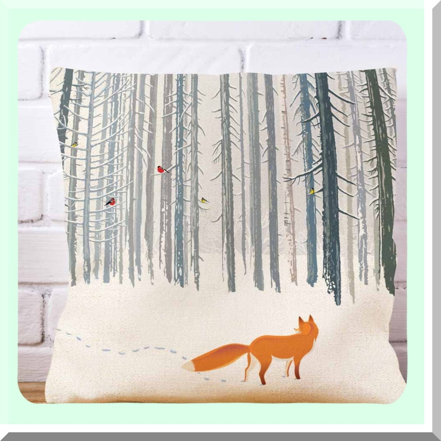 Winter Fox Forest Pillowcase - 18x18 Inches - Bird Cushion Cover - Home Decor Landscape Throw Pillow Cover
