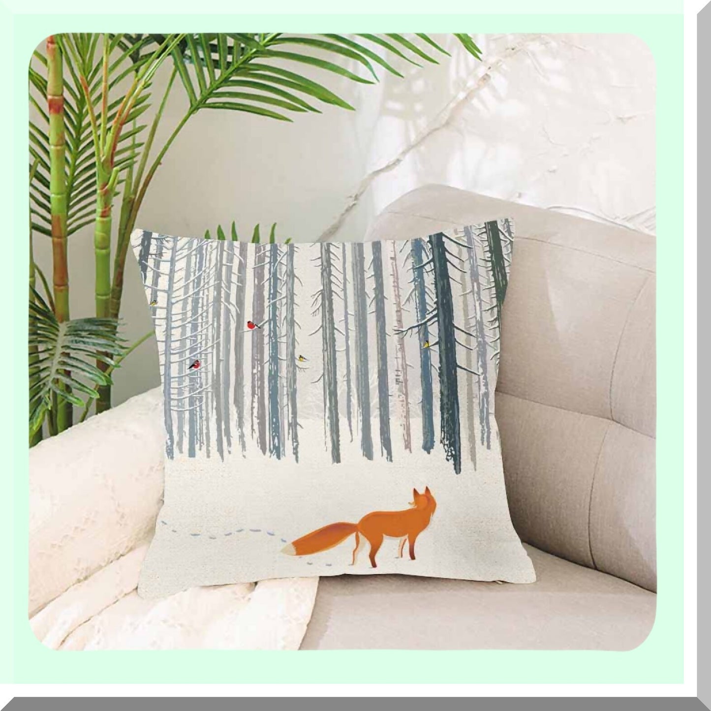 Winter Fox Forest Pillowcase - 18x18 Inches - Bird Cushion Cover - Home Decor Landscape Throw Pillow Cover
