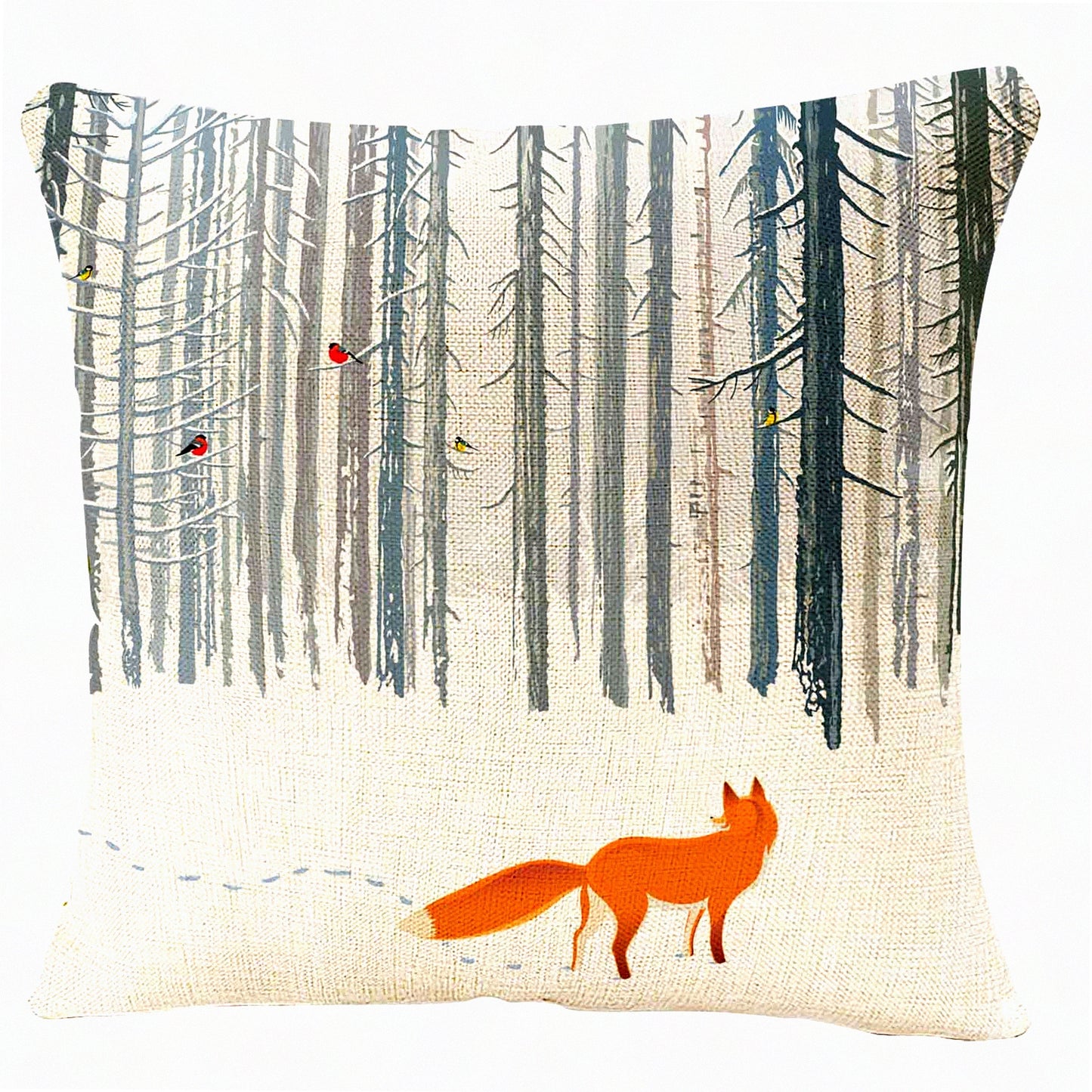 Winter Fox Forest Pillowcase - 18x18 Inches - Bird Cushion Cover - Home Decor Landscape Throw Pillow Cover