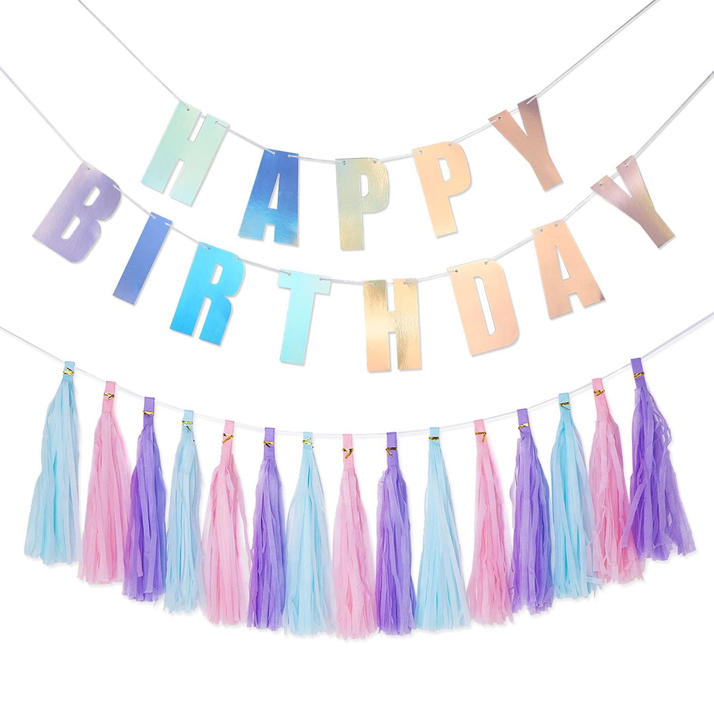 Rainbow Shine Birthday Banner & Garland Set - Iridescent Party Decor for Teens, Kids, Girls, Women - Silver Holographic Happy Birthday Supplies