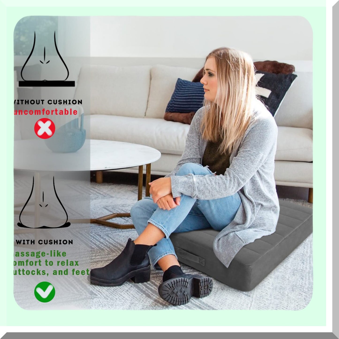 Tufted Foam Floor Cushion - Large Square Seating Pillow for Adults & Kids - Washable Meditation Seat for Yoga & Sitting - Soft Grey 22"