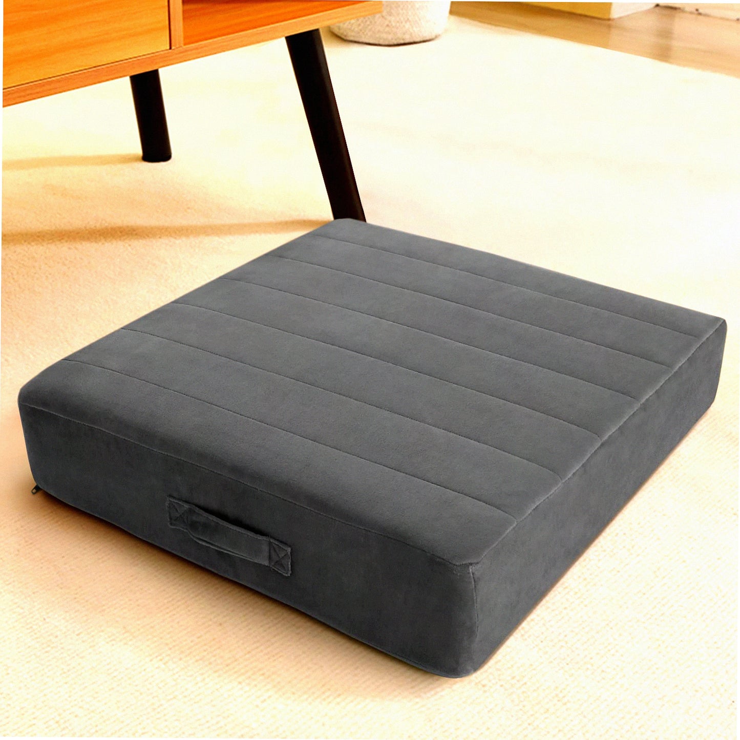 Tufted Foam Floor Cushion - Large Square Seating Pillow for Adults & Kids - Washable Meditation Seat for Yoga & Sitting - Soft Grey 22"