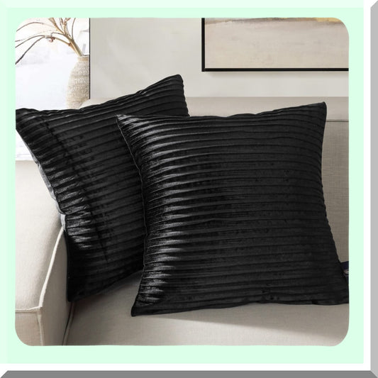 Luxury Velvet Pleated Throw Pillow Covers - Set of 2 | Soft Crushed Velvet Square Cushion Cases for Couch, Bed, Chair | Decorative Black Pillowcases 18x18"