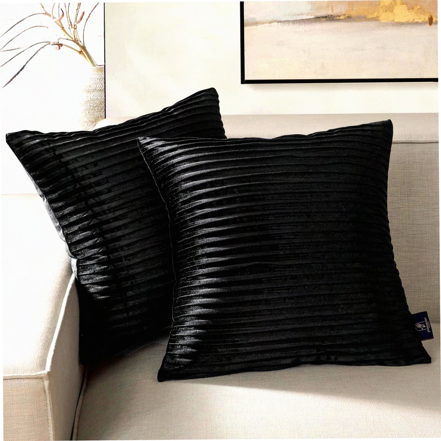 Luxury Velvet Pleated Throw Pillow Covers - Set of 2 | Soft Crushed Velvet Square Cushion Cases for Couch, Bed, Chair | Decorative Black Pillowcases 18x18"