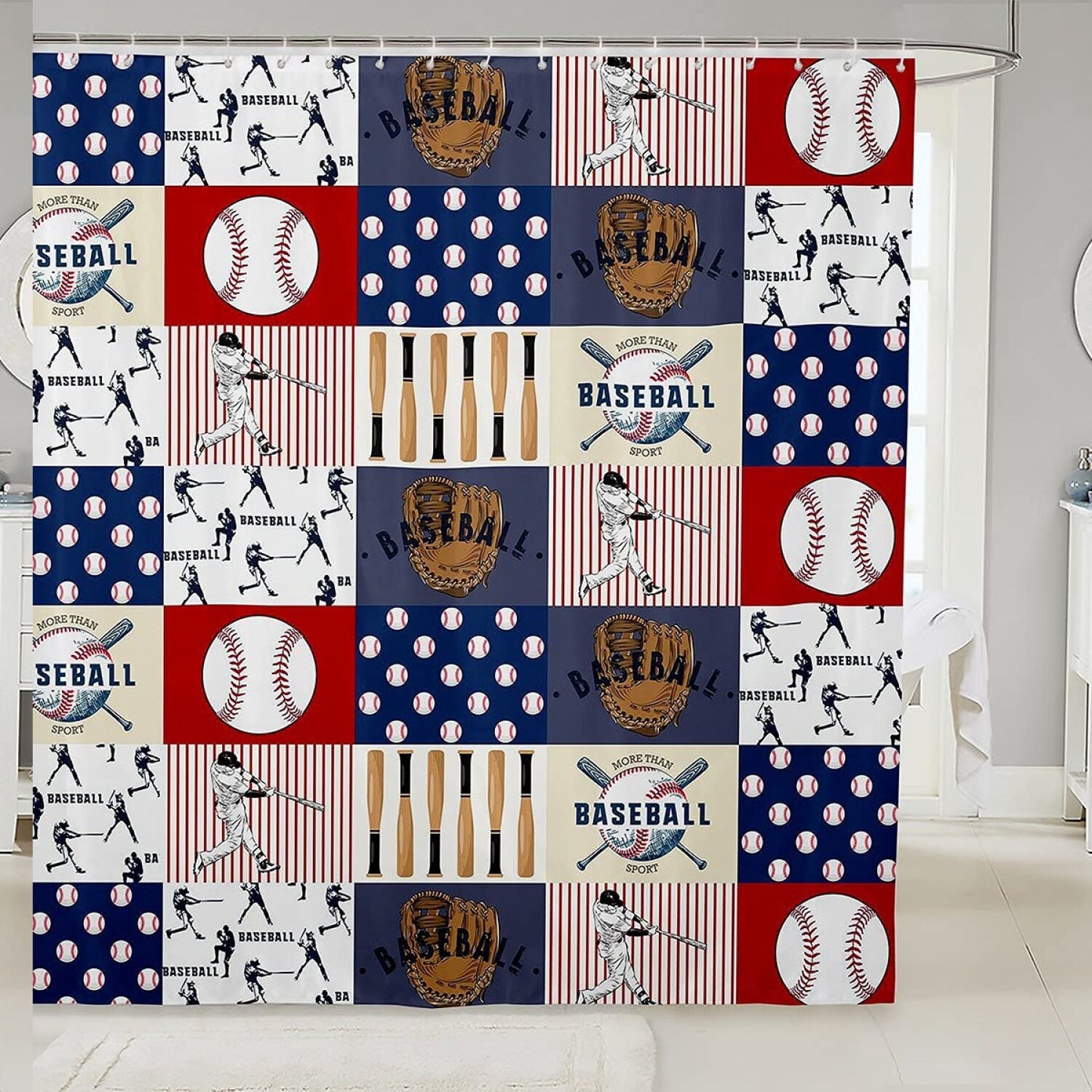 Plaid Baseball Sports Shower Curtain 72x72