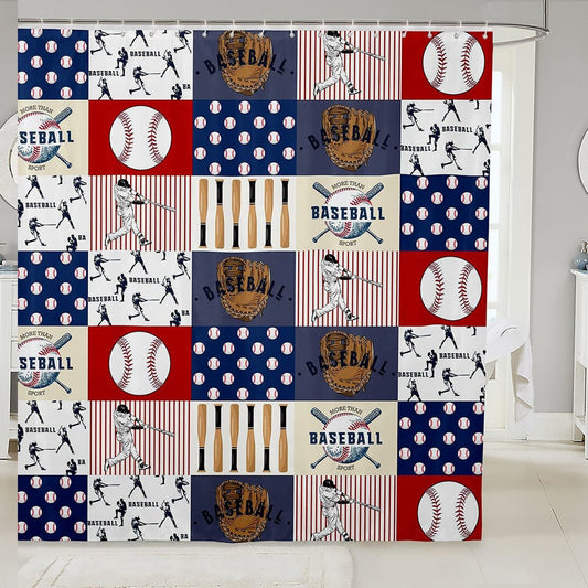 Plaid Baseball Sports Shower Curtain 72x72