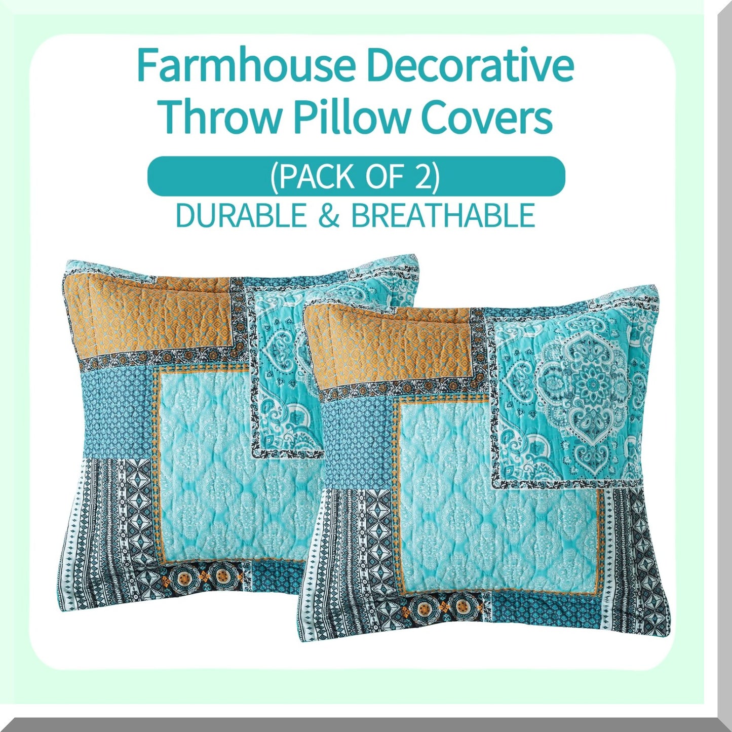 Green Floral Boho Farmhouse Pillow Covers - Set of 2, 18x18 Inch Square Cushion Covers for Couch, Bed, Sofa - Decorative Chic Pattern