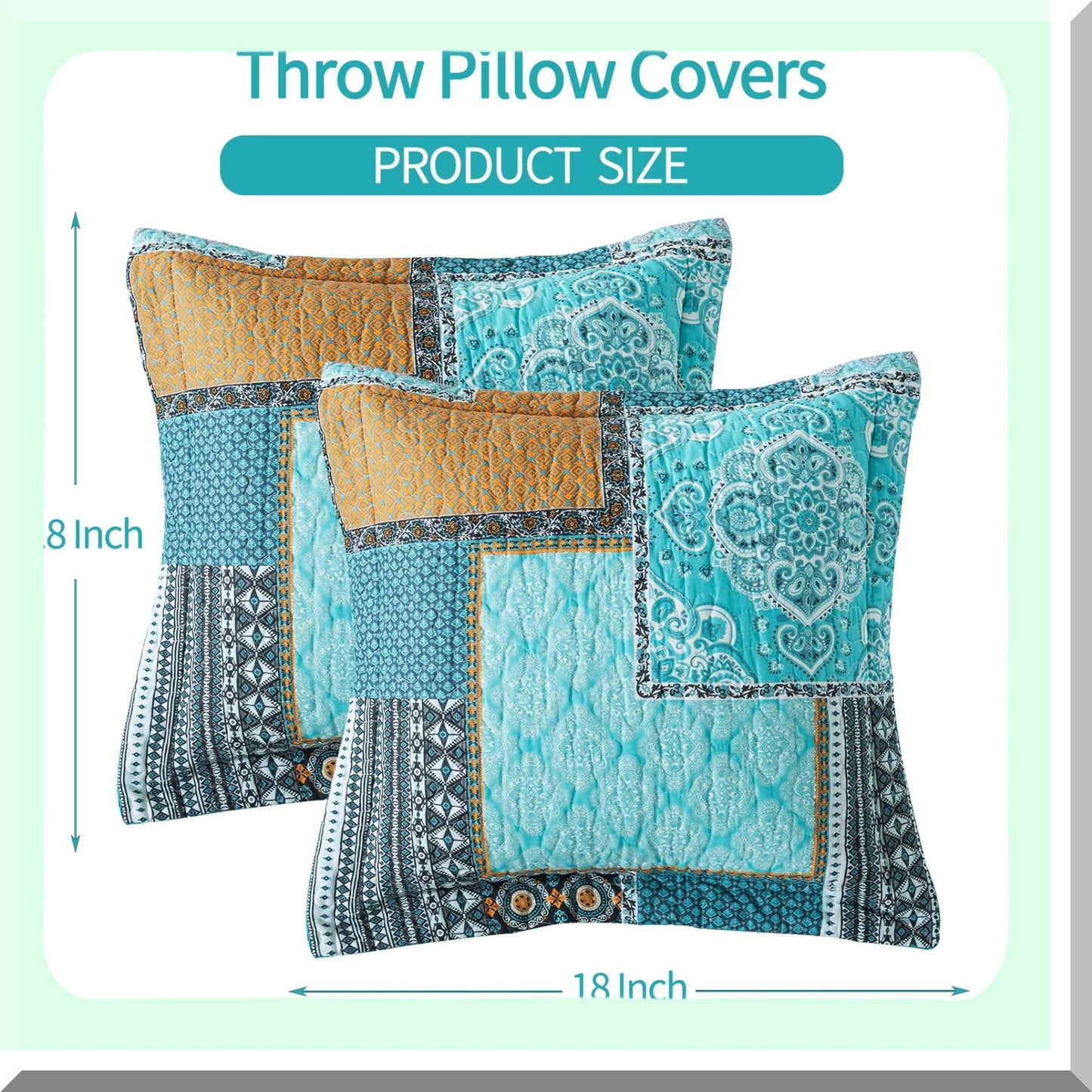 Green Floral Boho Farmhouse Pillow Covers - Set of 2, 18x18 Inch Square Cushion Covers for Couch, Bed, Sofa - Decorative Chic Pattern