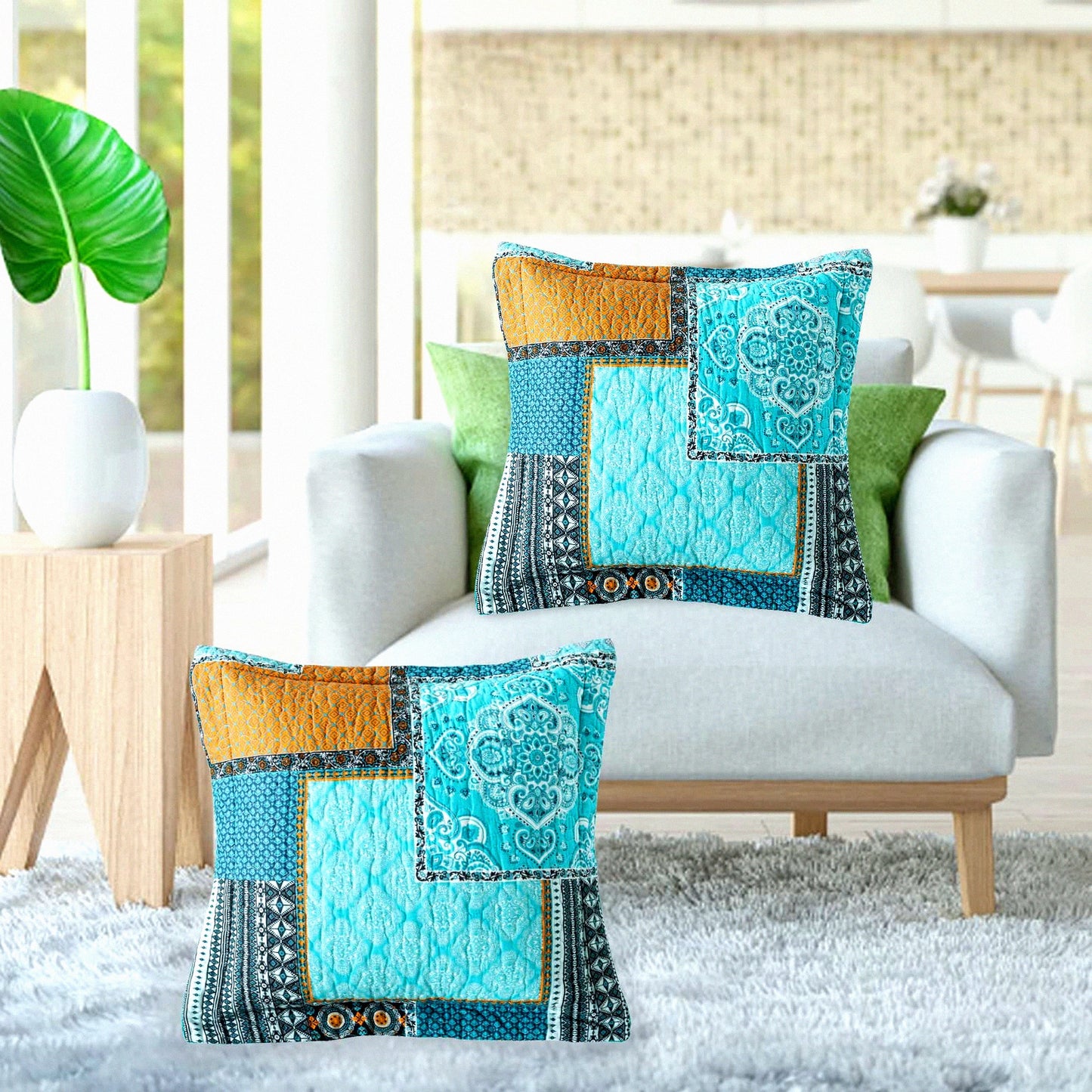 Green Floral Boho Farmhouse Pillow Covers - Set of 2, 18x18 Inch Square Cushion Covers for Couch, Bed, Sofa - Decorative Chic Pattern