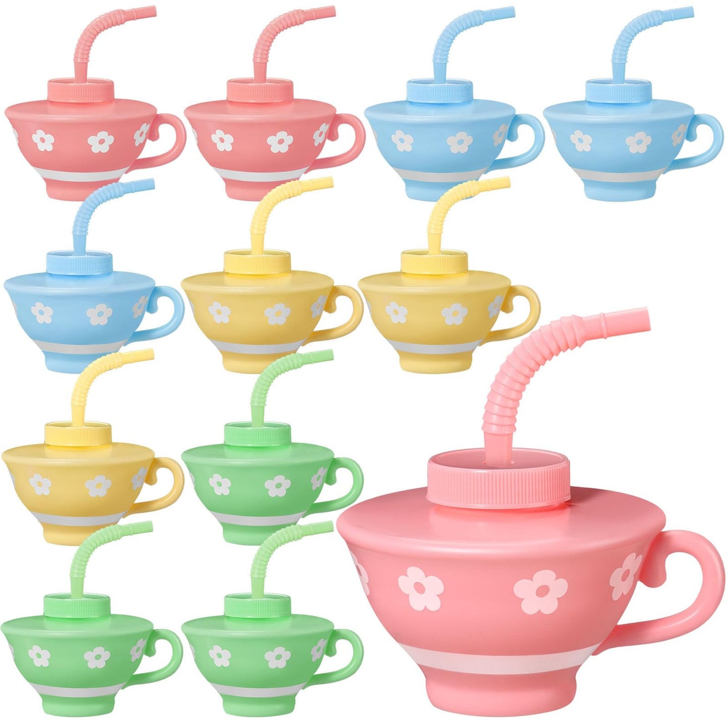 Reusable Tea Sipper Cups - 9 oz Plastic Tea Cups with Straws & Lids - Creative Party Supplies for Kids Birthday, Baby Shower, Princess Tea Party - Set of 12