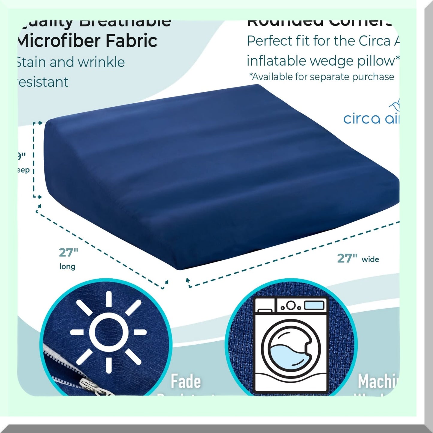 UltraSoft Microfiber Wedge Pillow Cover - Extra Wide Large Case for Inflatable Wedge Pillow 27x27x8 - Zippered Bed Wedge Pillow Protector