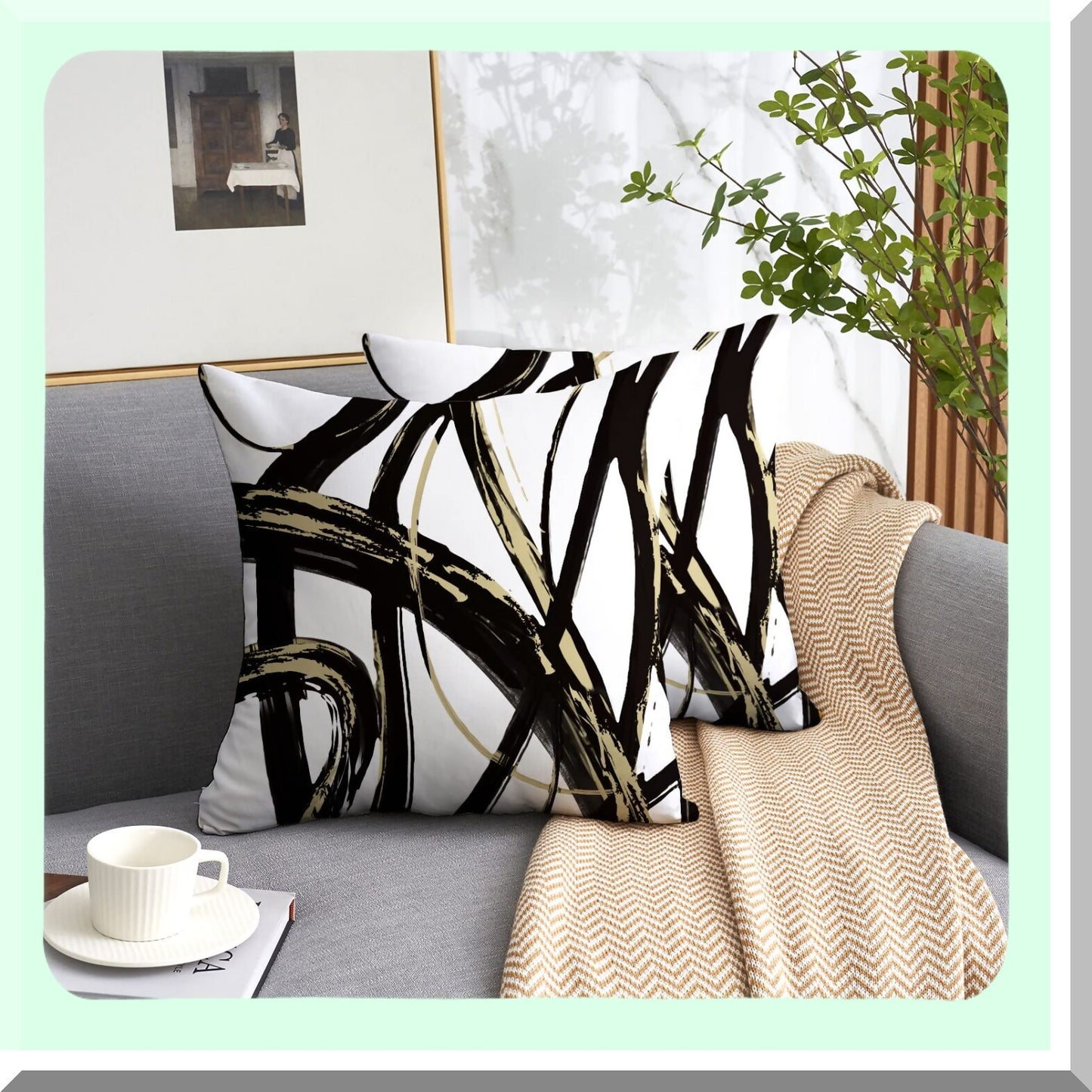 Ink Line Minimalist Decor Pillow Covers Set - Black Gold Abstract Modern Square Cushion Covers for Sofa Bed Living Room 16x16 inch - Home Decor