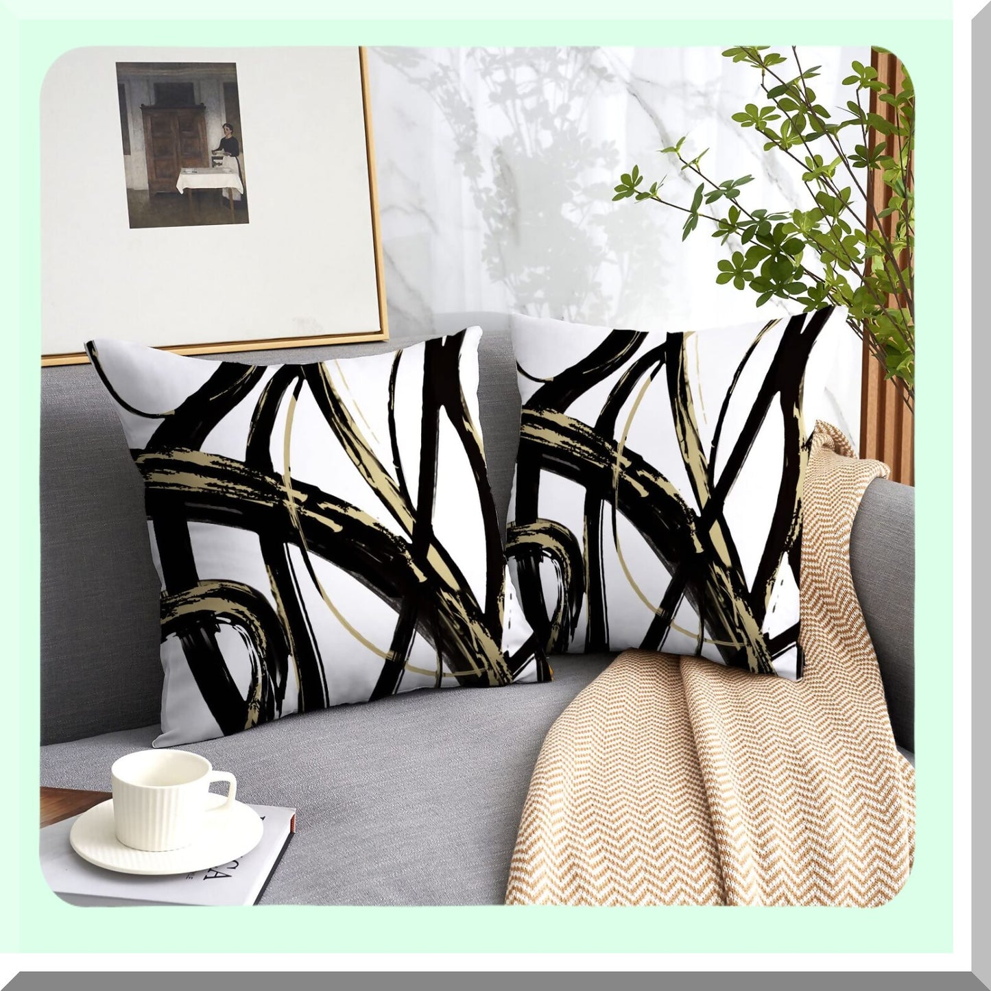 Ink Line Minimalist Decor Pillow Covers Set - Black Gold Abstract Modern Square Cushion Covers for Sofa Bed Living Room 16x16 inch - Home Decor