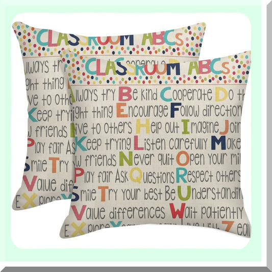 ABCs Linen Throw Pillow Covers - Set of 2, Educational Decorative Cases for Home Decor, Square 20 x 20 Inches Pillowcases