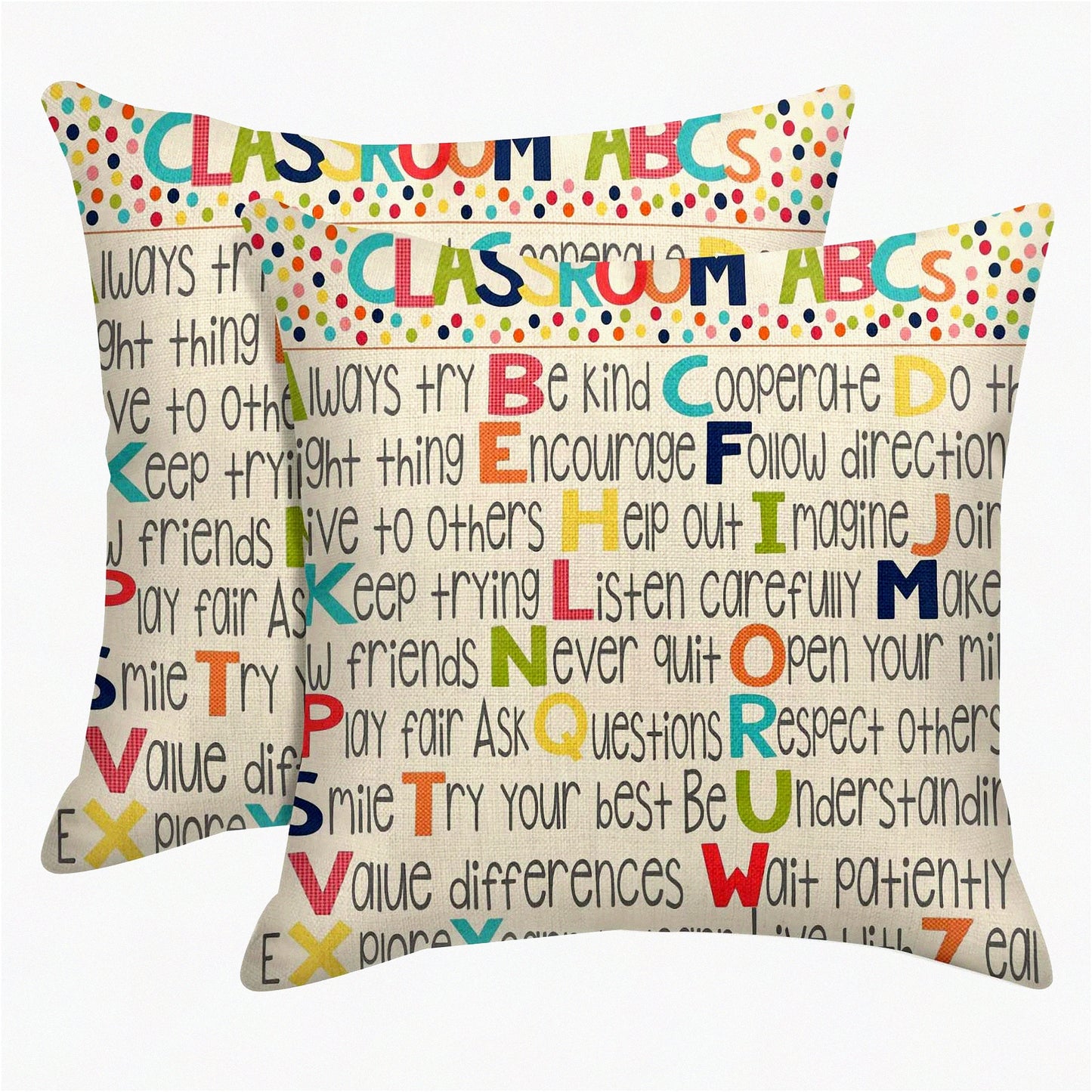 ABCs Linen Throw Pillow Covers - Set of 2, Educational Decorative Cases for Home Decor, Square 20 x 20 Inches Pillowcases