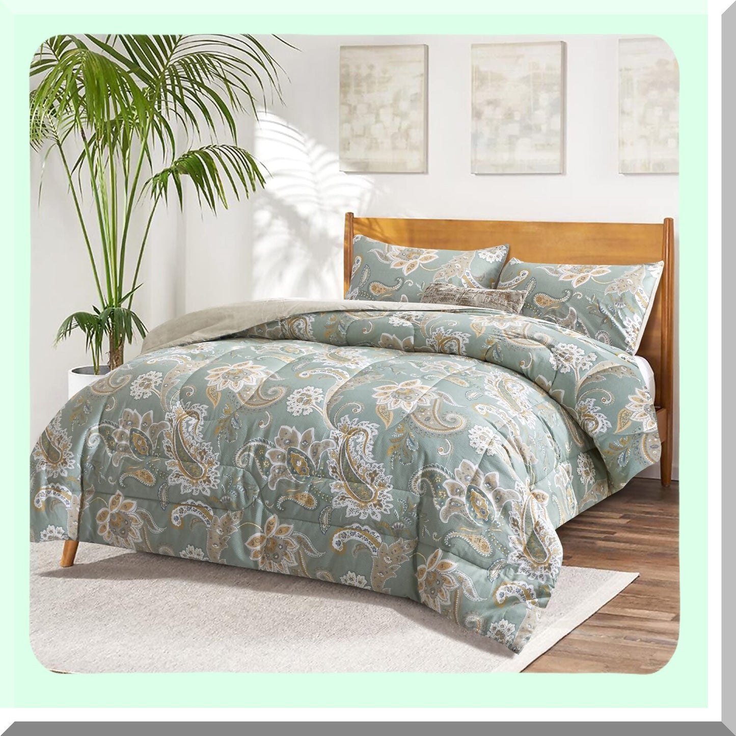 Sage Green Paisley Cotton Comforter Set - Queen Size 3-Piece Bedding with Soft Microfiber Fill, Lightweight Reversible Duvet Insert for All Seasons by MEZY