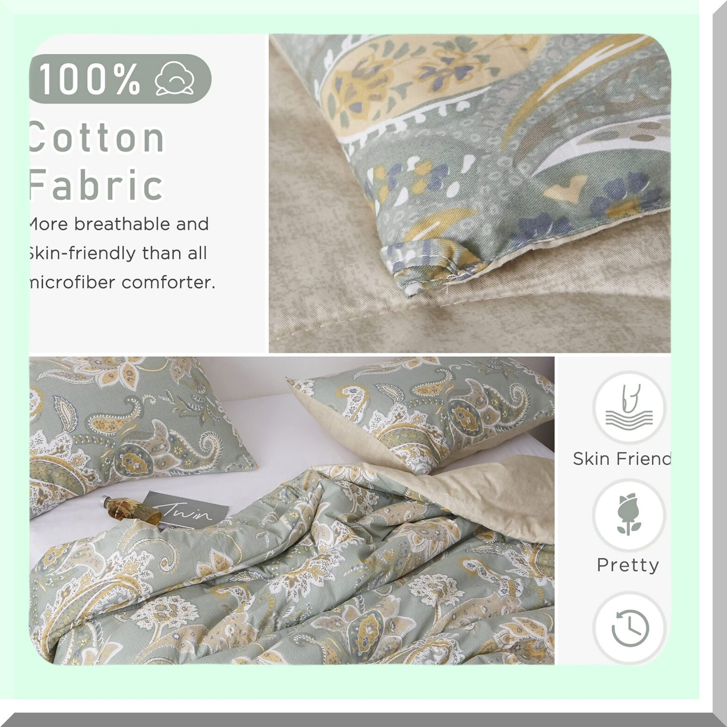 Sage Green Paisley Cotton Comforter Set - Queen Size 3-Piece Bedding with Soft Microfiber Fill, Lightweight Reversible Duvet Insert for All Seasons by MEZY