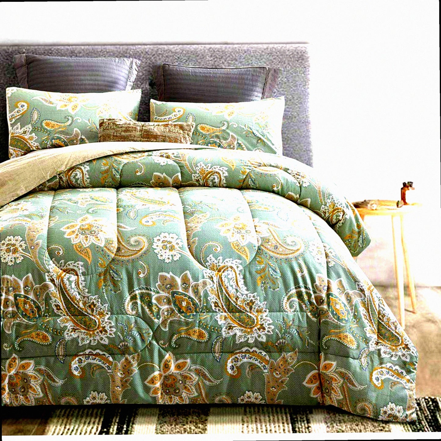 Sage Green Paisley Cotton Comforter Set - Queen Size 3-Piece Bedding with Soft Microfiber Fill, Lightweight Reversible Duvet Insert for All Seasons by MEZY