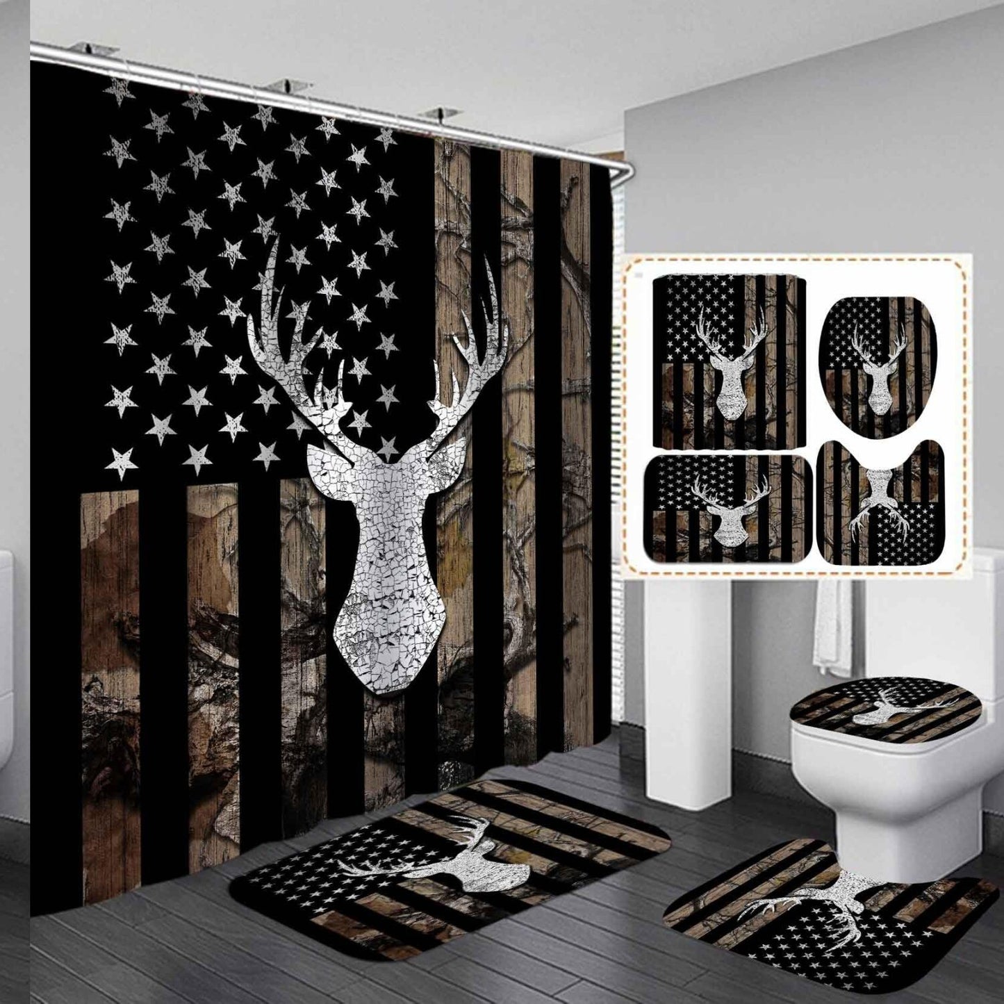 4PCS Camo Shower Curtain Set with Bath Rugs